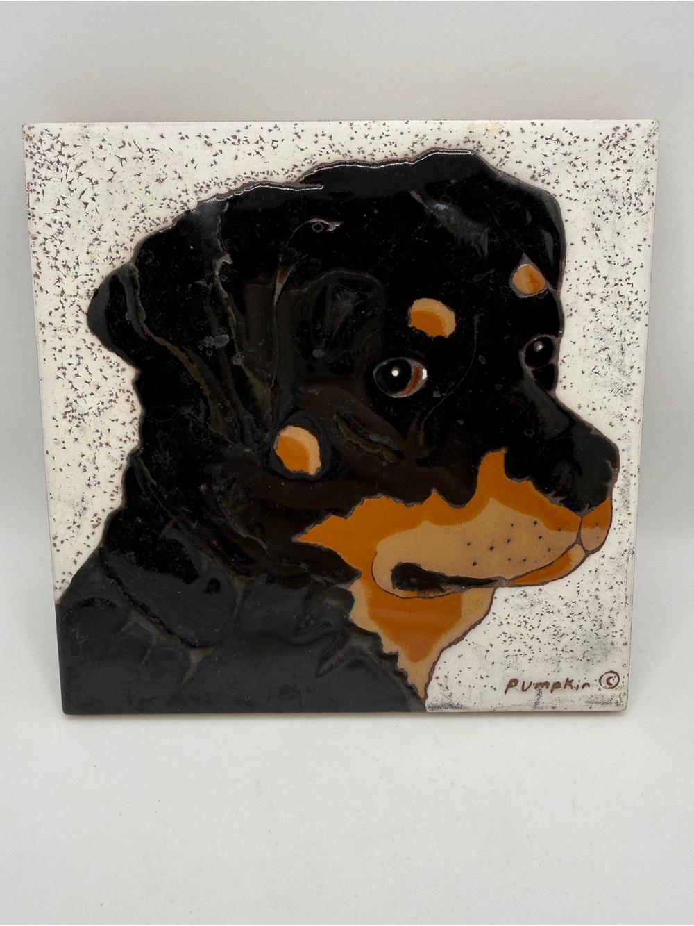 Pumpkin Tile hand-painted ceramic tile featuring a Rottweiler 6X6